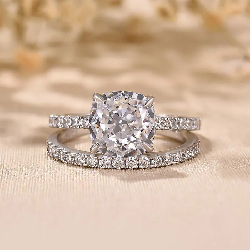 Chunky Cushion Cut 3 Ct Pave 925 Sterling Silver Wedding Ring Set