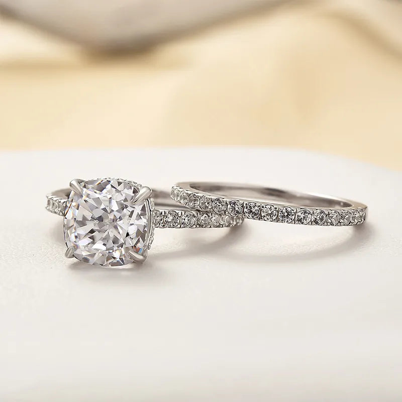 Chunky Cushion Cut 3 Ct Pave 925 Sterling Silver Wedding Ring Set