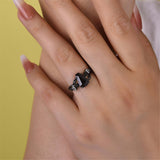 Halloween Coffin Cut Rose Design Black Stone Sterling Silver Engagement Ring