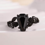 Halloween Coffin Cut Rose Design Black Stone Sterling Silver Engagement Ring