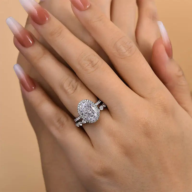 Solarii Eternal Sparkle Cubic Zirconia Ring 3.0ct Oval Cut 925 Sterling Silver Wedding Ring Set