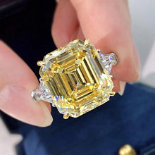 Deluxe Assher Cut 12.0ct Yellow Stone Three Stone Engagement Ring In Sterling Silver