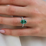 Classic Oval Cut 3.5ct Emerald Green Hidden Halo Engagement Ring In Sterling Silver