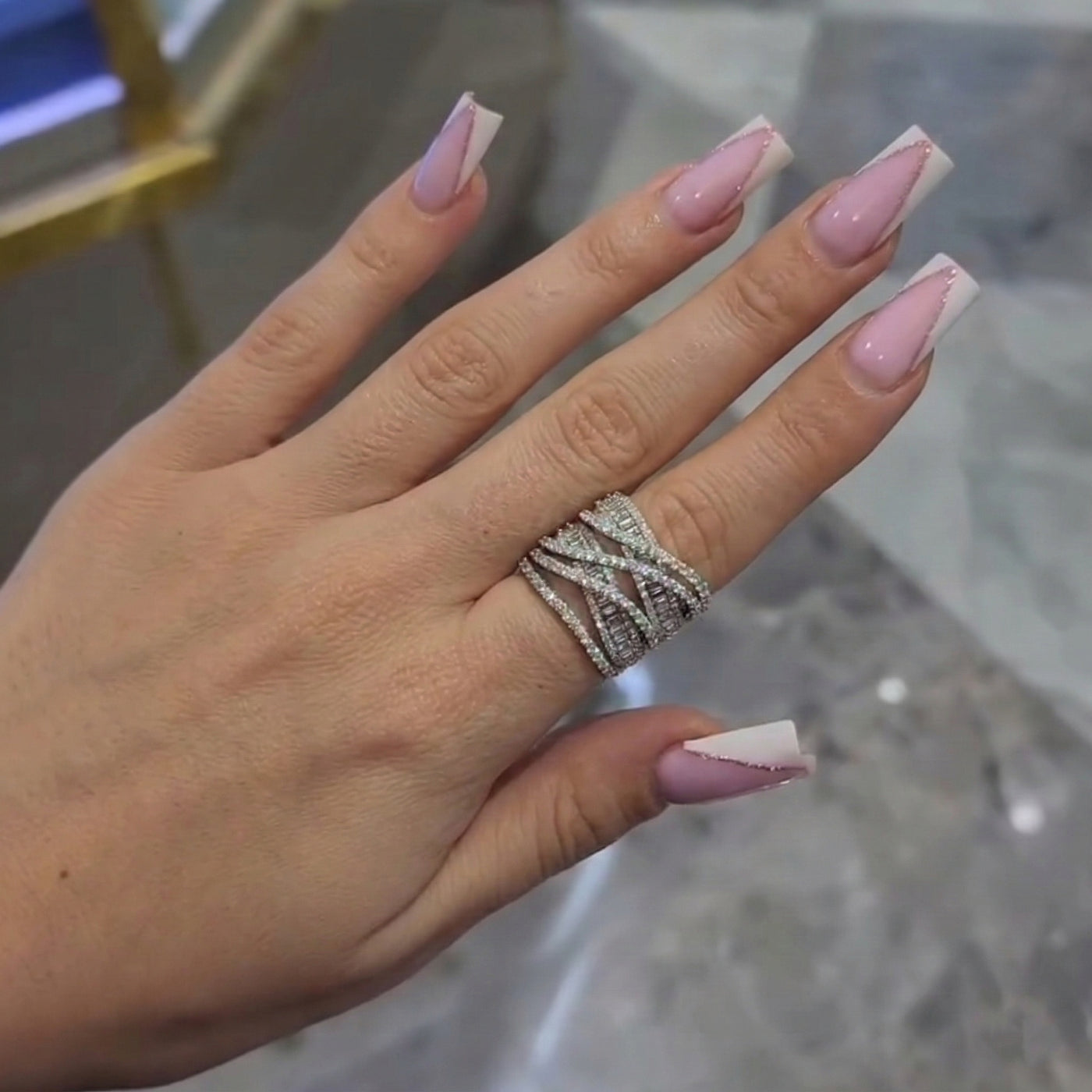 Elegant Criss Cross Pave Round Cut Wide Band Wedding Ring