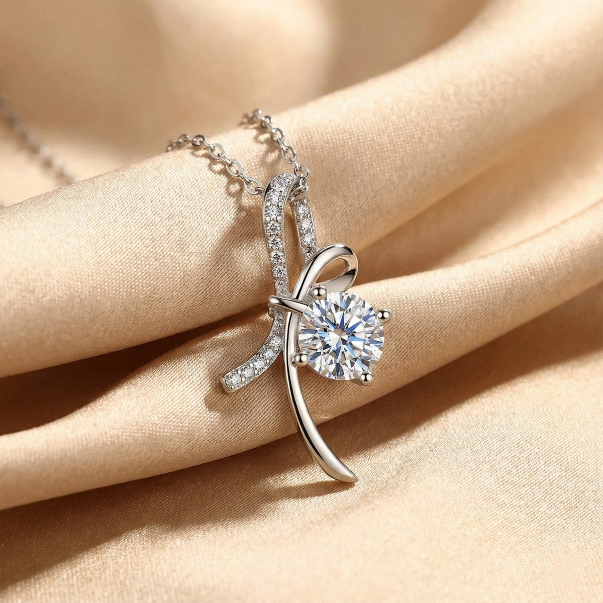 Moissanite Round Cut Ribbon 925 Sterling Silver Necklace