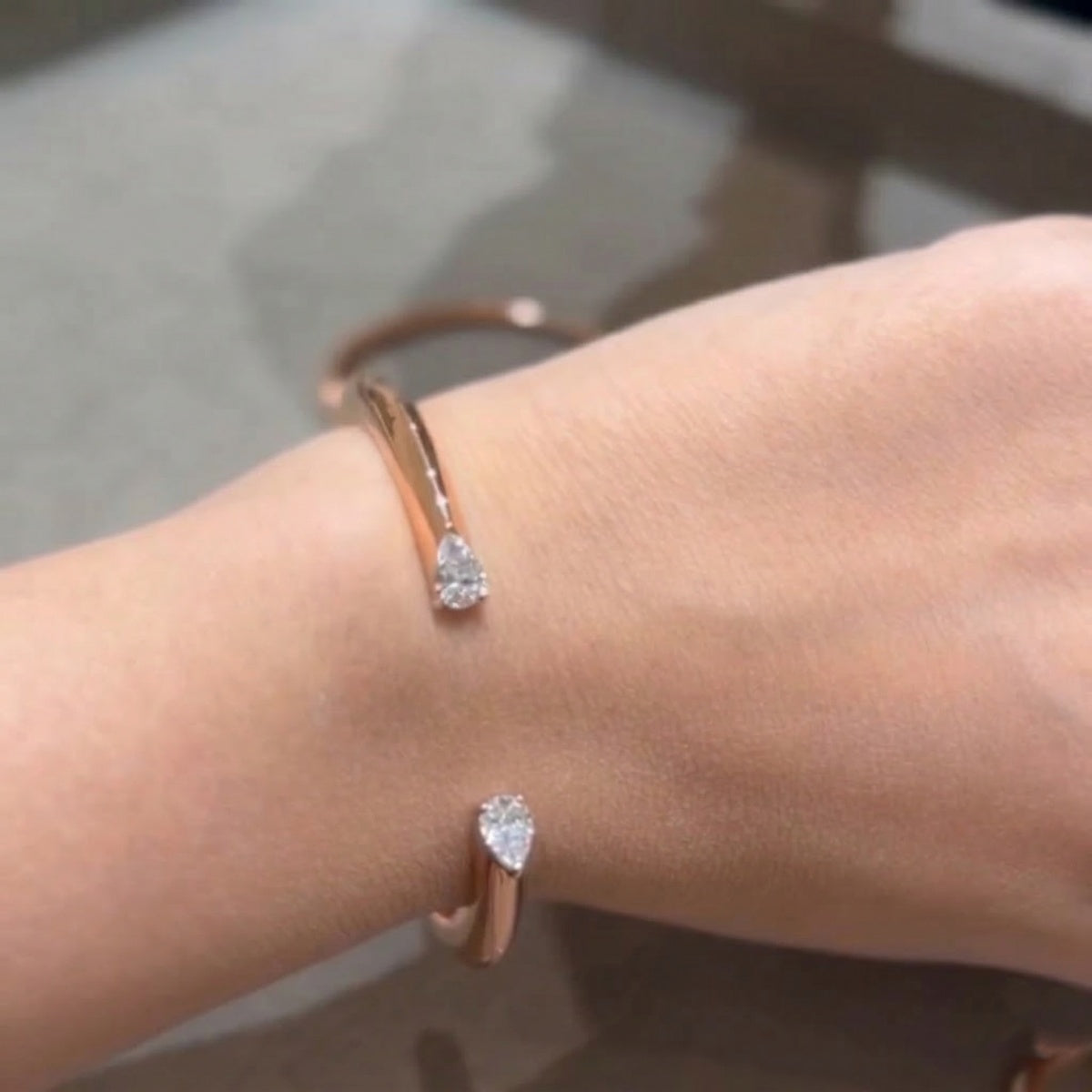 Minimalist Dainty Pear Cut Sterling Sliver Two-Stone Open Cuff Bangle