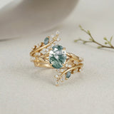 Vintage Moss Agate 1.5ct Oval Cut Engagement Ring Set | Nature-Inspired Branch & Leaf Band
