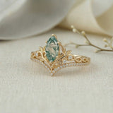 Elven Crown 0.5ct Marquise Cut Moss Agate Enchanted Forest Engagement Ring