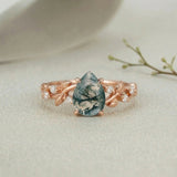 Botanical Moss Agate 1.5ct Pear Cut Leafy Vine Engagement Ring
