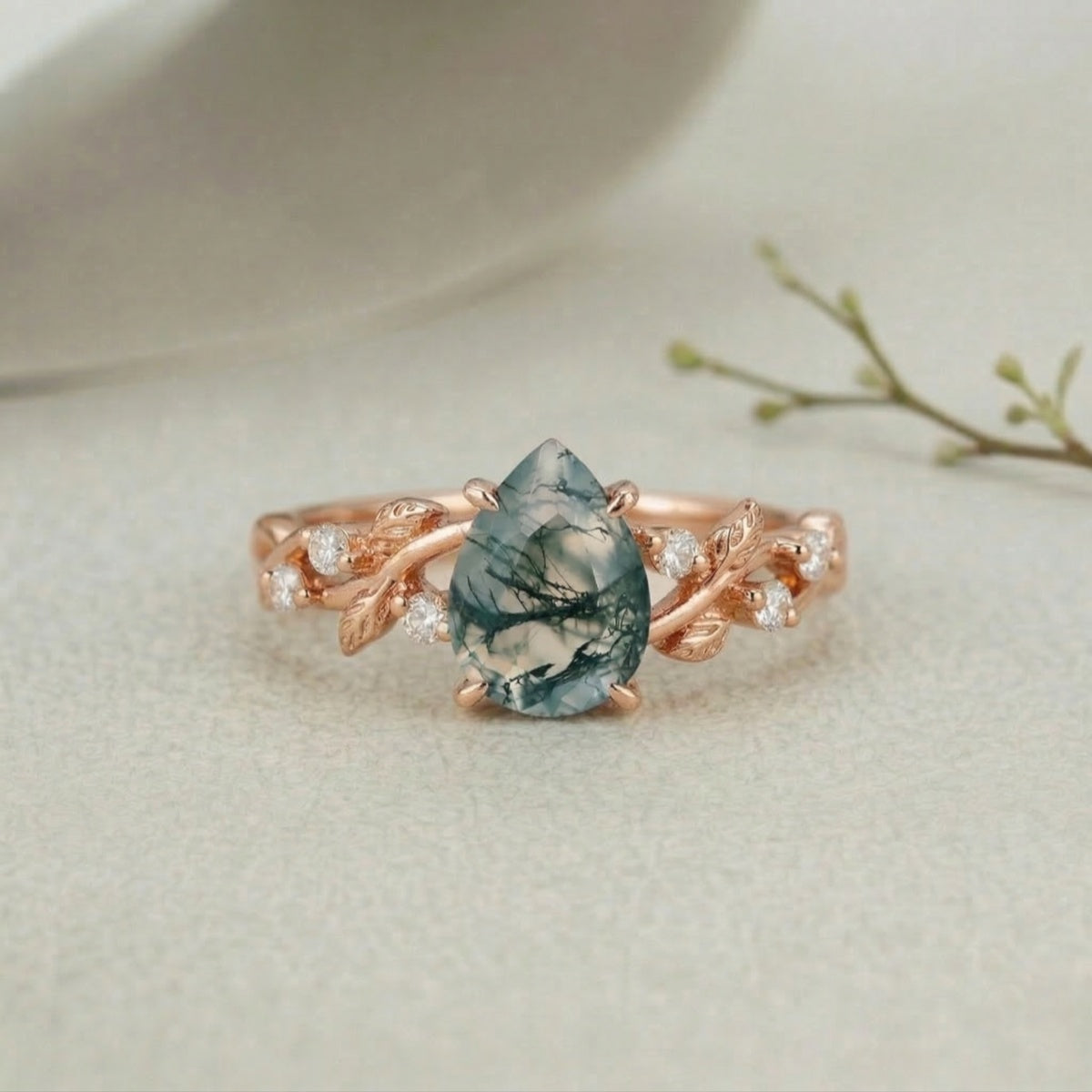 Botanical Moss Agate 1.5ct Pear Cut Leafy Vine Engagement Ring