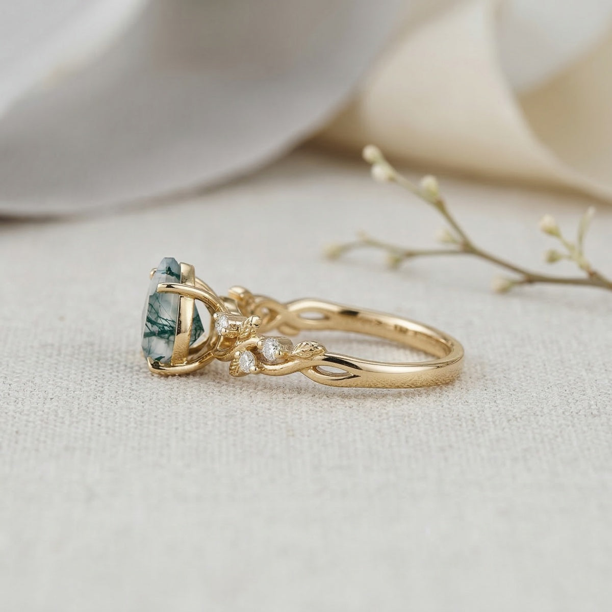 Botanical Moss Agate 1.5ct Pear Cut Leafy Vine Engagement Ring