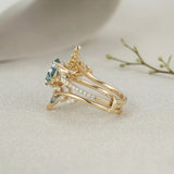 Vintage Moss Agate 1.5ct Oval Cut Engagement Ring Set | Nature-Inspired Branch & Leaf Band