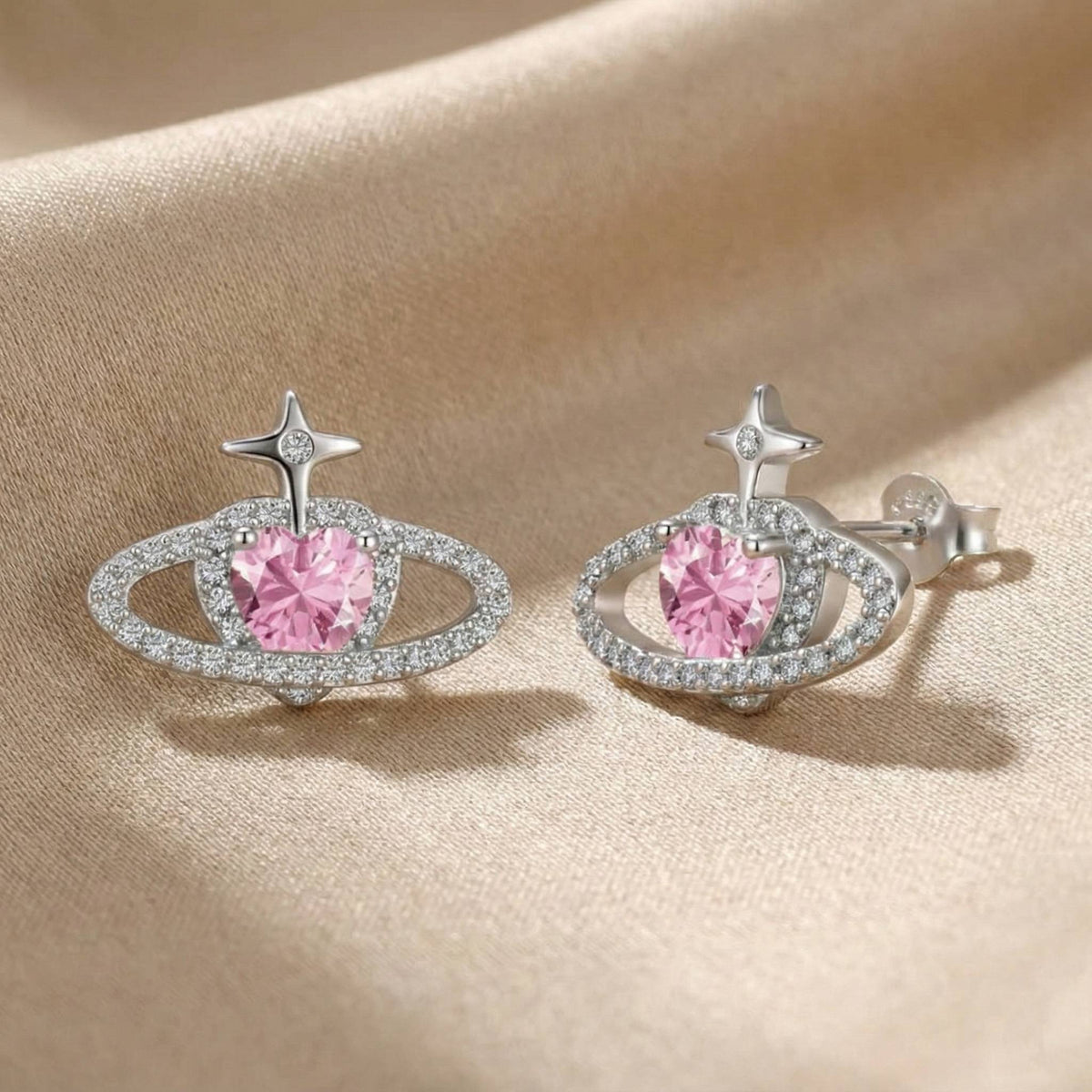 Pink Stone Heart Cut 925 Sterling Silver Stud Earrings