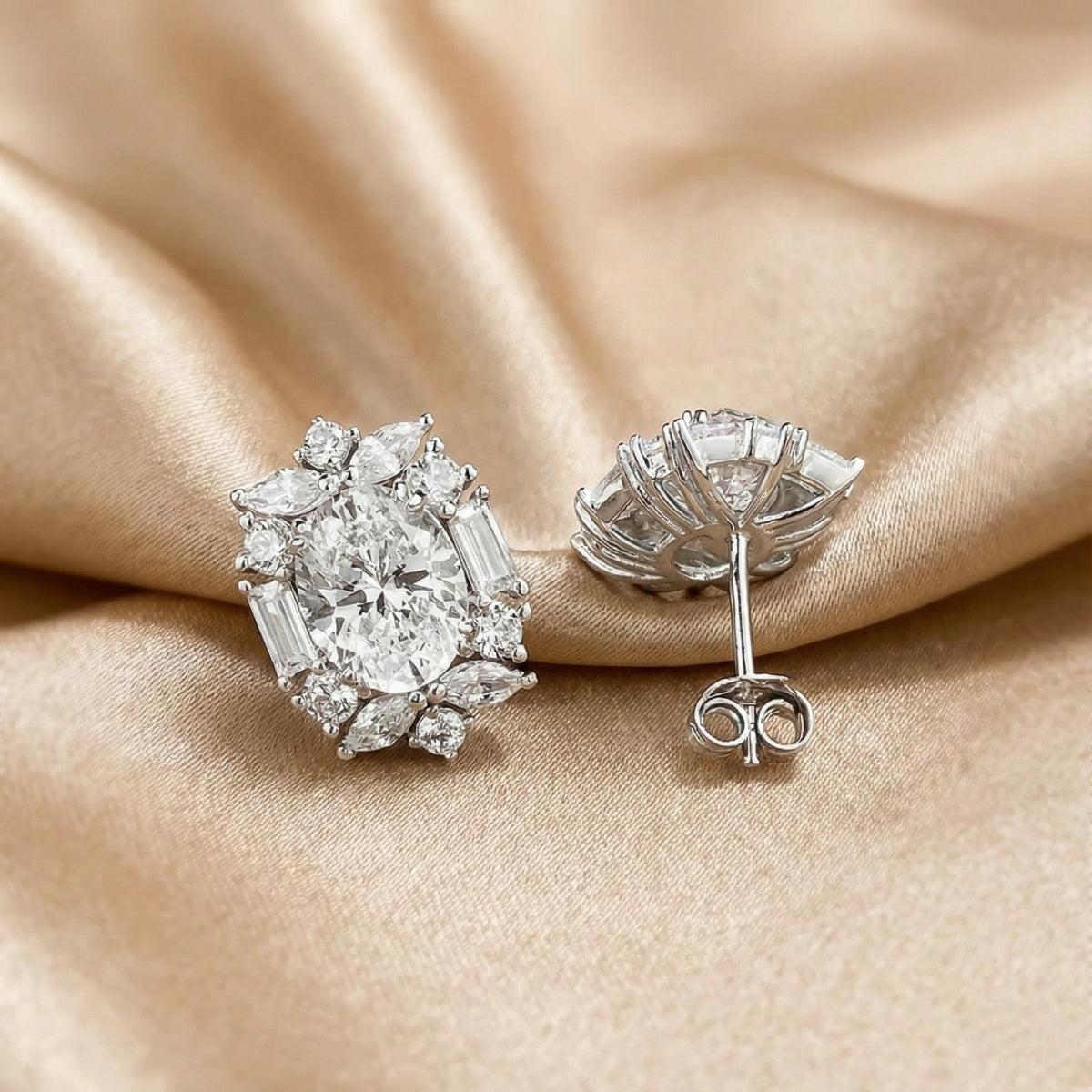 Solarii Cluster Halo Oval Cut Stud Earrings In Sterling Silver