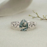 Botanical Moss Agate 1.5ct Pear Cut Leafy Vine Engagement Ring