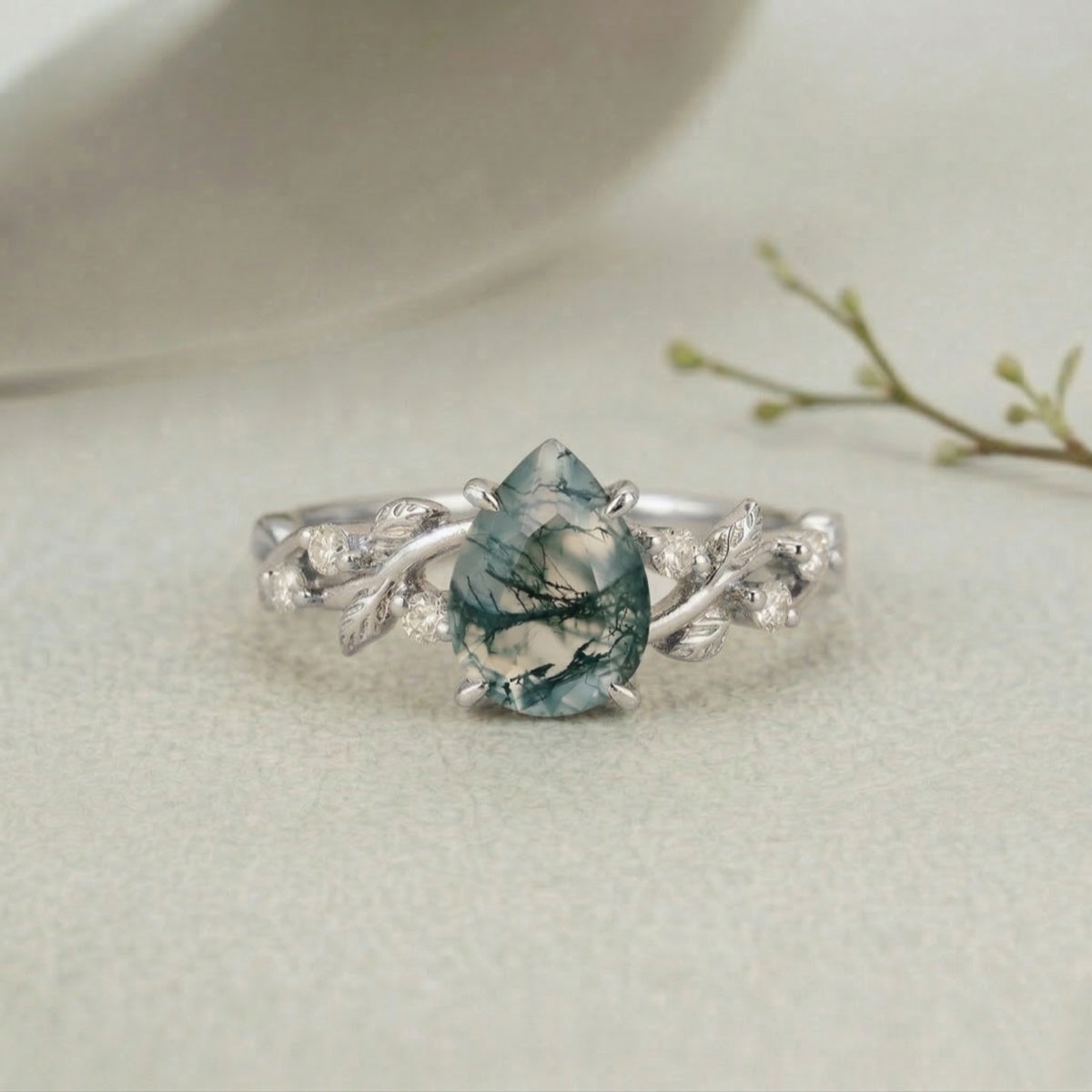 Botanical Moss Agate 1.5ct Pear Cut Leafy Vine Engagement Ring