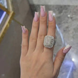 Chunky Square Radiant Cluster • Bold 5ct Look Double Halo Multi-Row Iced Out Engagement Ring In Sterling Silver