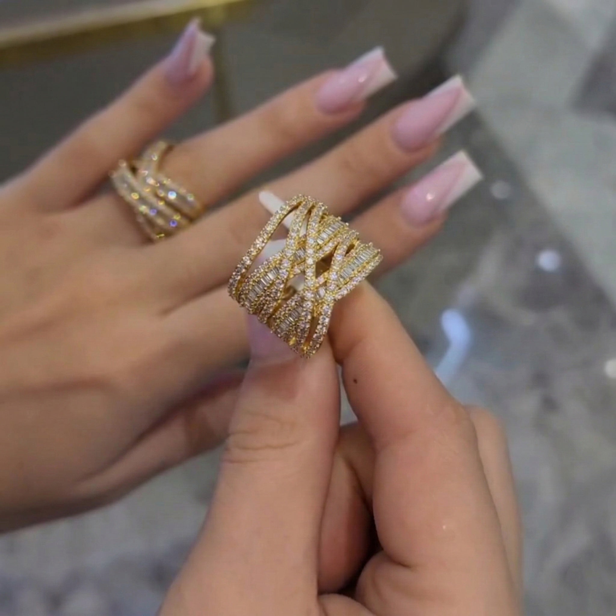 Elegant Criss Cross Pave Round Cut Wide Band Wedding Ring