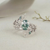 Vintage Moss Agate 1.5ct Oval Cut Engagement Ring Set | Nature-Inspired Branch & Leaf Band
