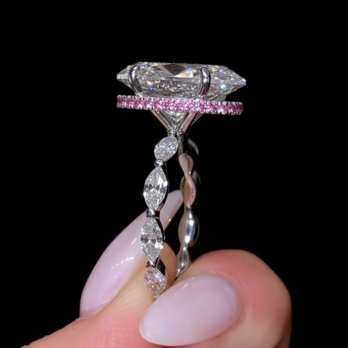 Breathtaking 8.0ct Oval Cut Marquise Bubble Band & Pink Halo Engagement Ring In Sterling Silver