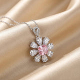 Princess Cut Pink Stone Flower Design Sterling Silver Necklace