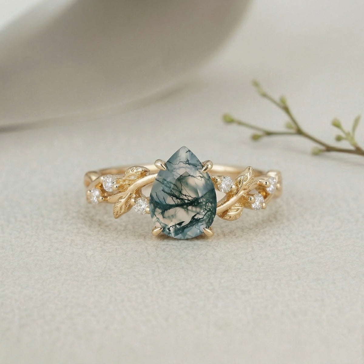 Botanical Moss Agate 1.5ct Pear Cut Leafy Vine Engagement Ring