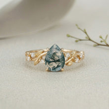 Botanical Moss Agate 1.5ct Pear Cut Leafy Vine Engagement Ring