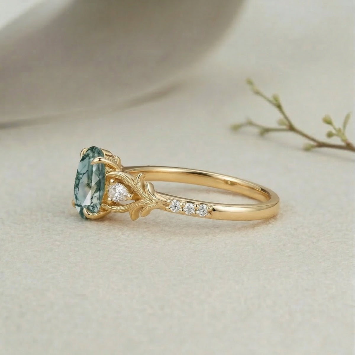 Nature-Inspired 1.5ct Oval Cut Moss Agate Leaf and Vine Engagement Ring