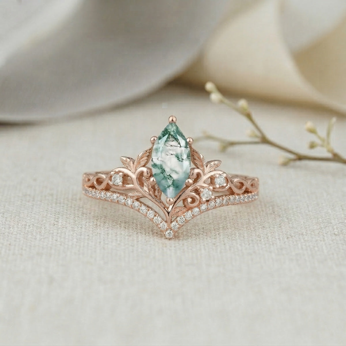 Elven Crown 0.5ct Marquise Cut Moss Agate Enchanted Forest Engagement Ring