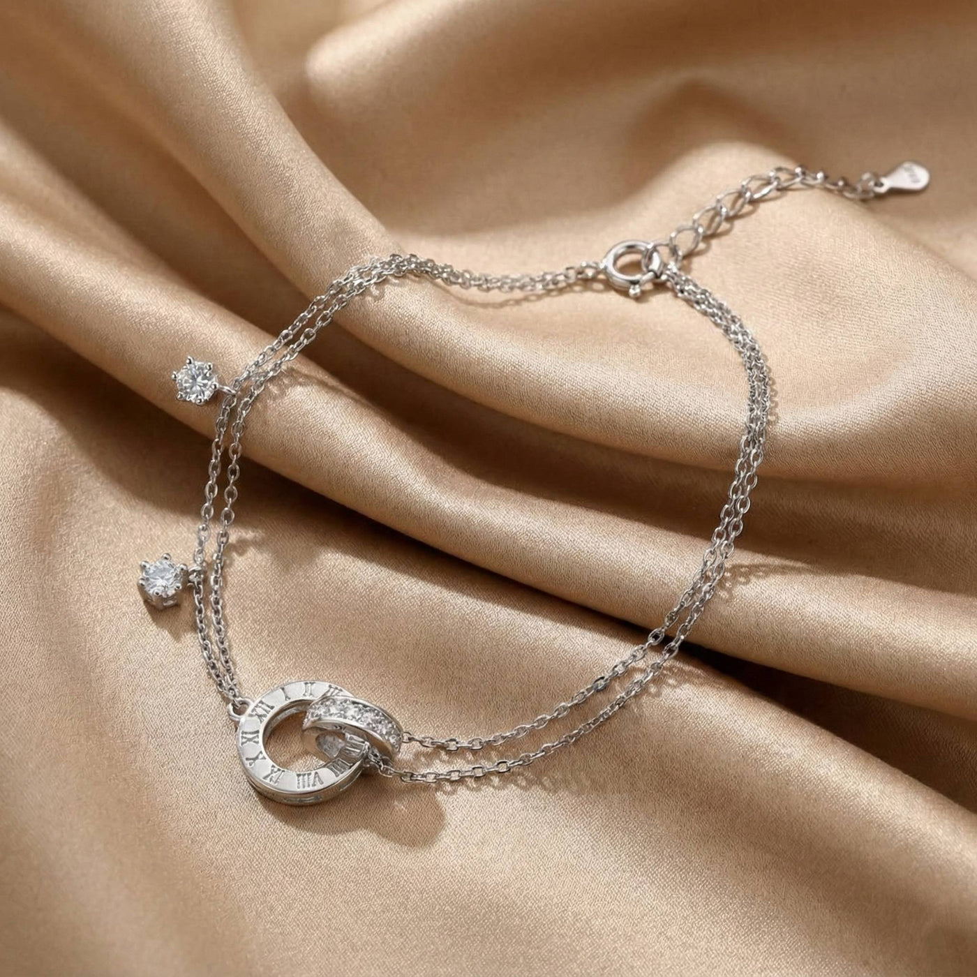 Round Cut Simulated Diamonds Roman Numeral Bracelet in Sterling Silver