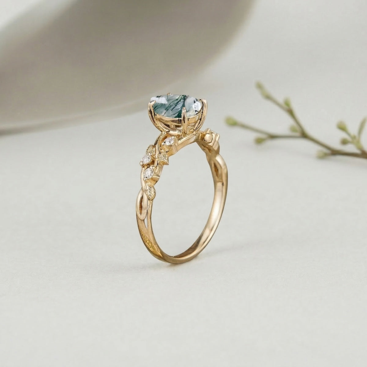 Botanical Moss Agate 1.5ct Pear Cut Leafy Vine Engagement Ring
