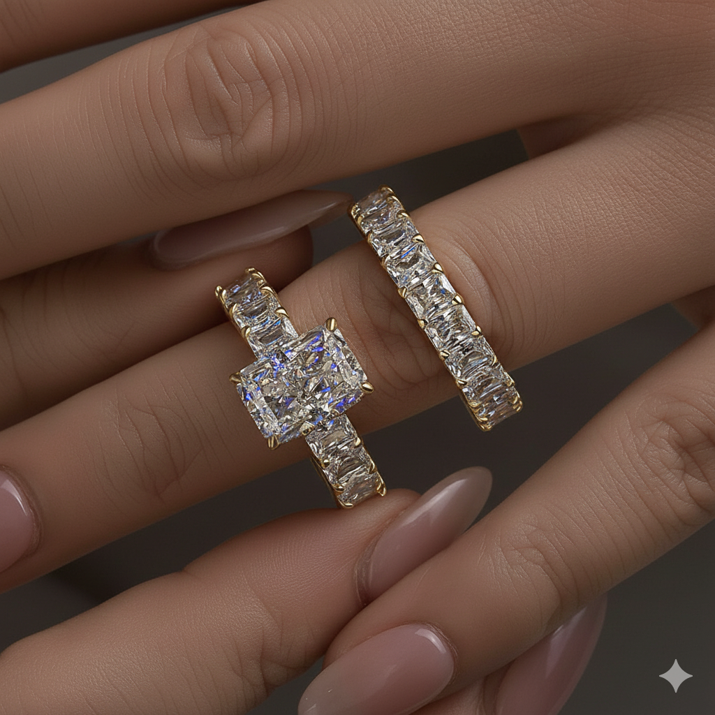 Dimensional Radiant Cut 3.0ct Pave 925 Sterling Silver Wedding Ring Set