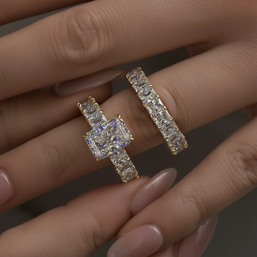 Dimensional Radiant Cut 3.0ct Pave 925 Sterling Silver Wedding Ring Set