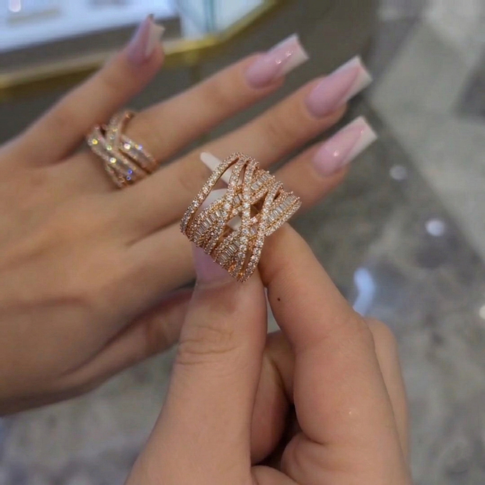 Elegant Criss Cross Pave Round Cut Wide Band Wedding Ring