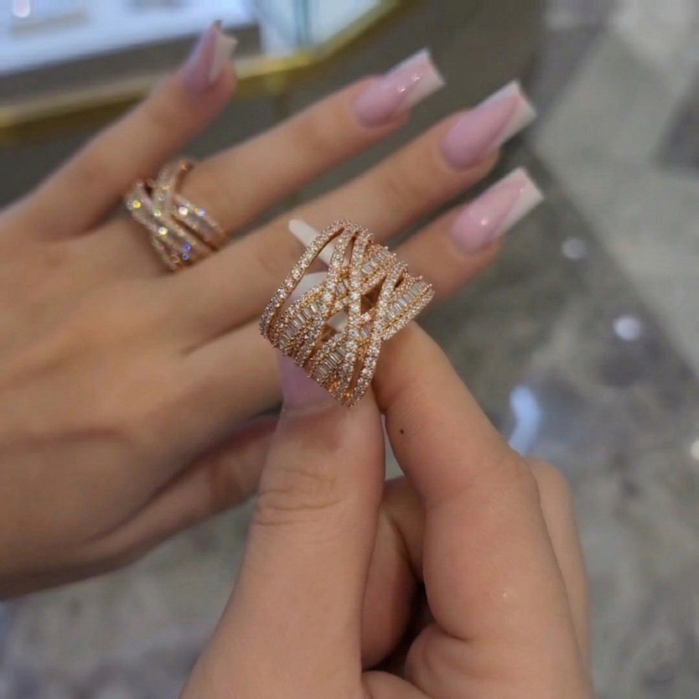 Elegant Criss Cross Pave Round Cut Wide Band Wedding Ring