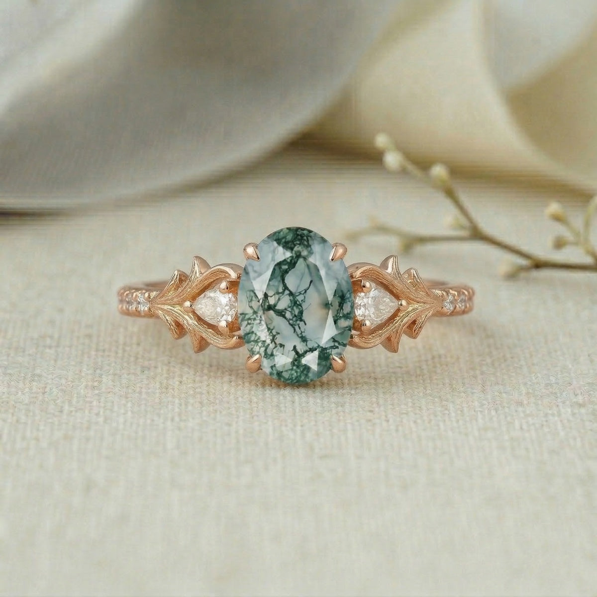 Nature-Inspired 1.5ct Oval Cut Moss Agate Leaf and Vine Engagement Ring