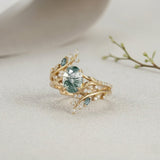 Vintage Moss Agate 1.5ct Oval Cut Engagement Ring Set | Nature-Inspired Branch & Leaf Band