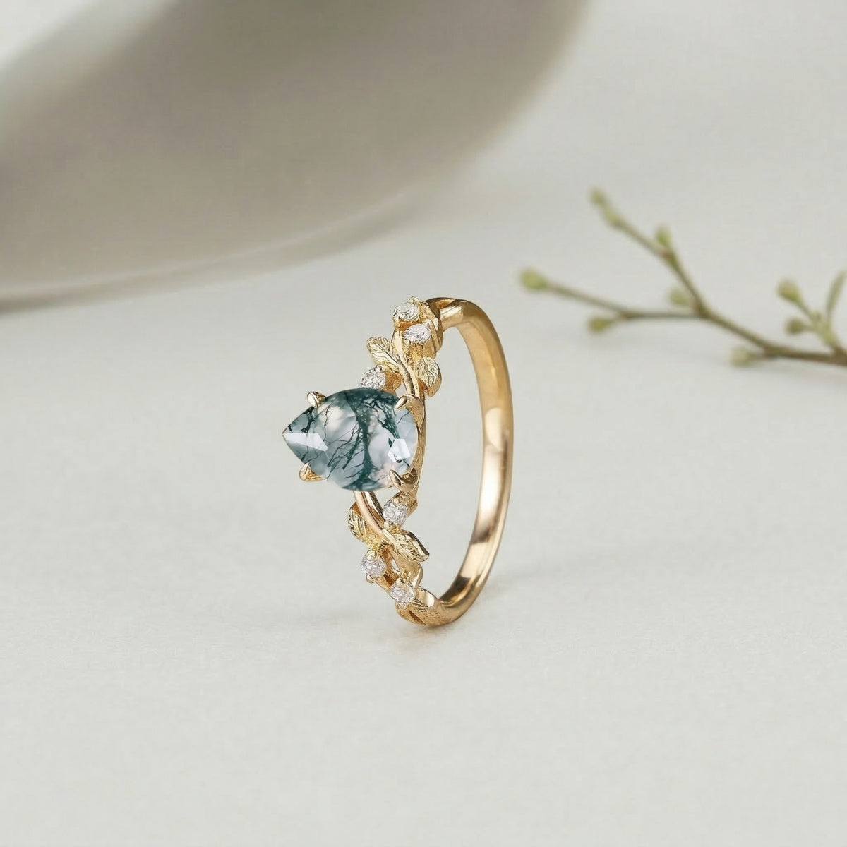 Botanical Moss Agate 1.5ct Pear Cut Leafy Vine Engagement Ring
