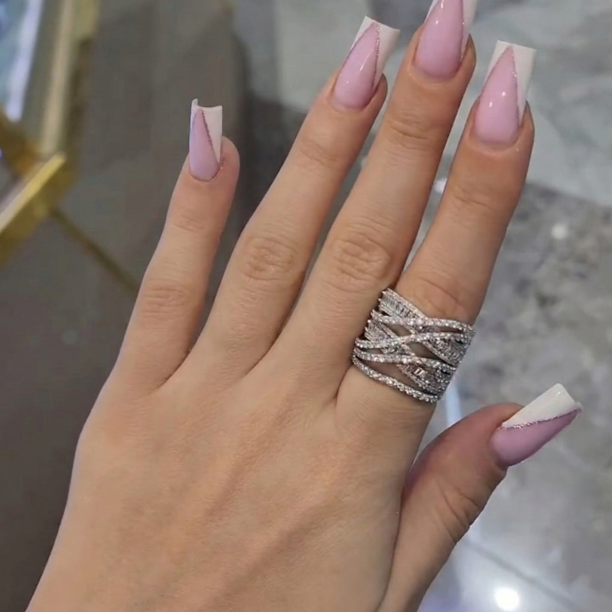 Elegant Criss Cross Pave Round Cut Wide Band Wedding Ring