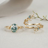 Vintage Moss Agate 1.5ct Oval Cut Engagement Ring Set | Nature-Inspired Branch & Leaf Band