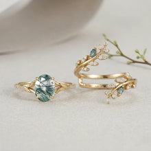 Vintage Moss Agate 1.5ct Oval Cut Engagement Ring Set | Nature-Inspired Branch & Leaf Band