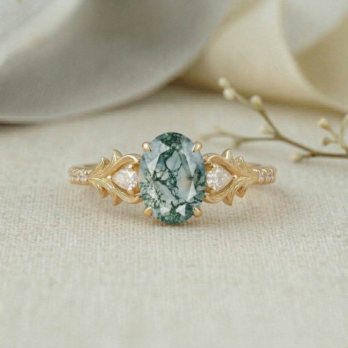 Nature-Inspired 1.5ct Oval Cut Moss Agate Leaf and Vine Engagement Ring