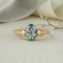 Nature-Inspired 1.5ct Oval Cut Moss Agate Leaf and Vine Engagement Ring
