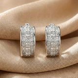 Solarii Triple Row White Stone Round and Princess Cut Huggie Hoop Earrings In Sterling Silver