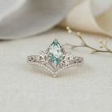 Elven Crown 0.5ct Marquise Cut Moss Agate Enchanted Forest Engagement Ring
