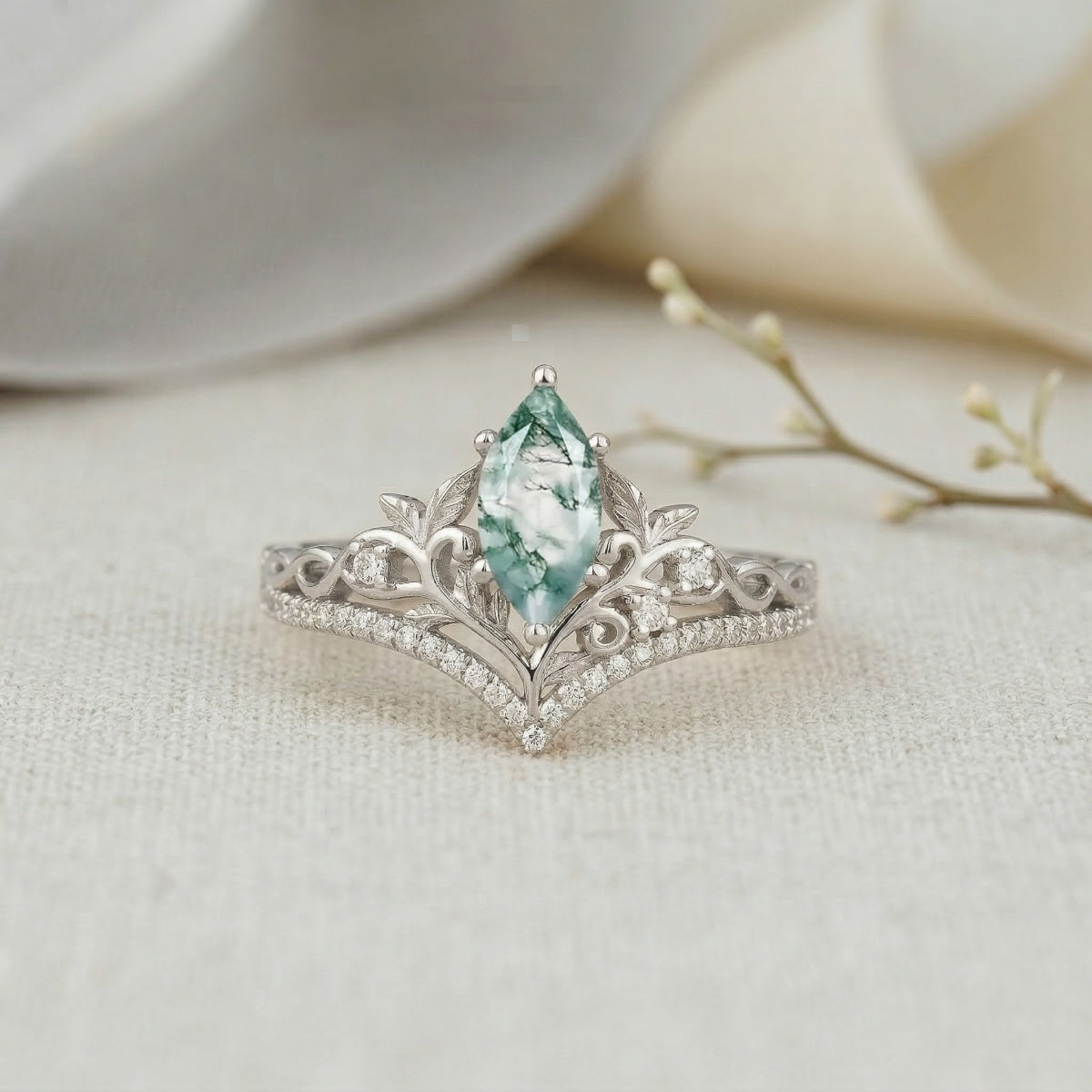 Elven Crown 0.5ct Marquise Cut Moss Agate Enchanted Forest Engagement Ring