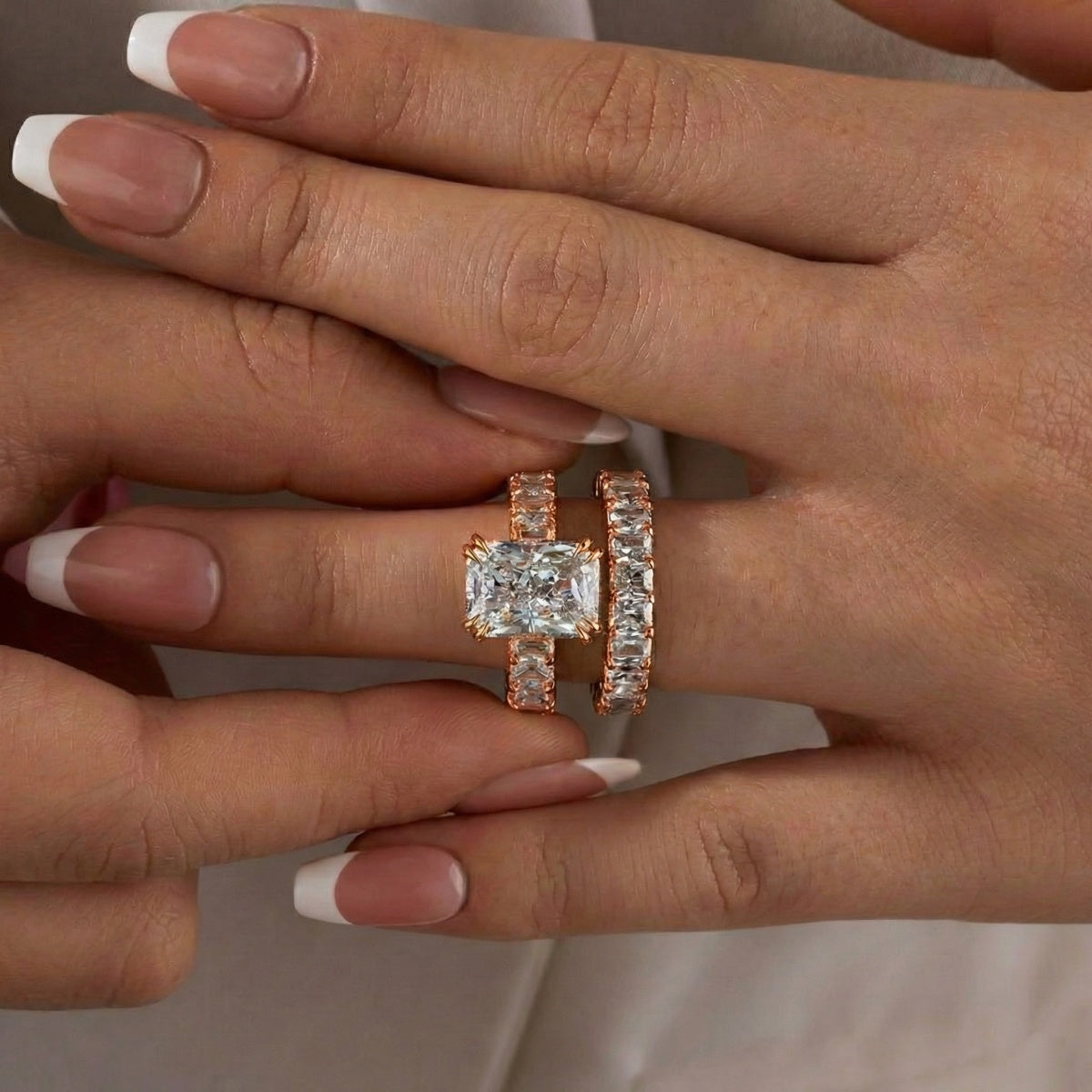 Glistening-hued Radiant Cut 5.0ct Pave 925 Sterling Silver Wedding Ring Set