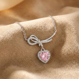 Heart Cut Pink Bow Sterling Silver Necklace