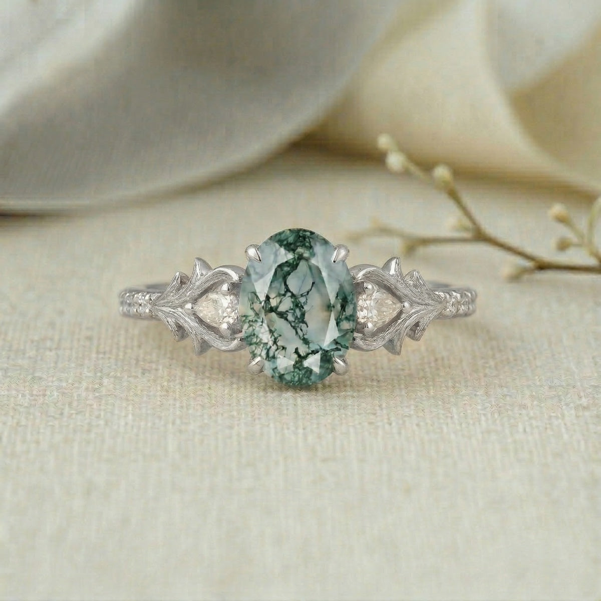 Nature-Inspired 1.5ct Oval Cut Moss Agate Leaf and Vine Engagement Ring