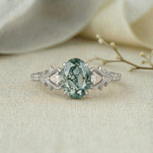 Nature-Inspired 1.5ct Oval Cut Moss Agate Leaf and Vine Engagement Ring